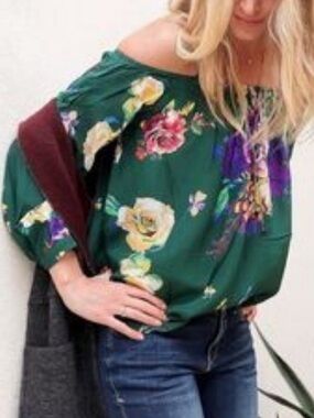 Maeve Anthropologie Tallie Green Floral Open Shoulder Silk Top